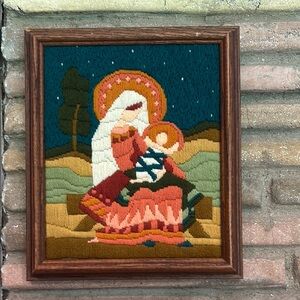 Vintage Bernat Holiday Theme Crewel "Blessed Child" design from 1979 Framed